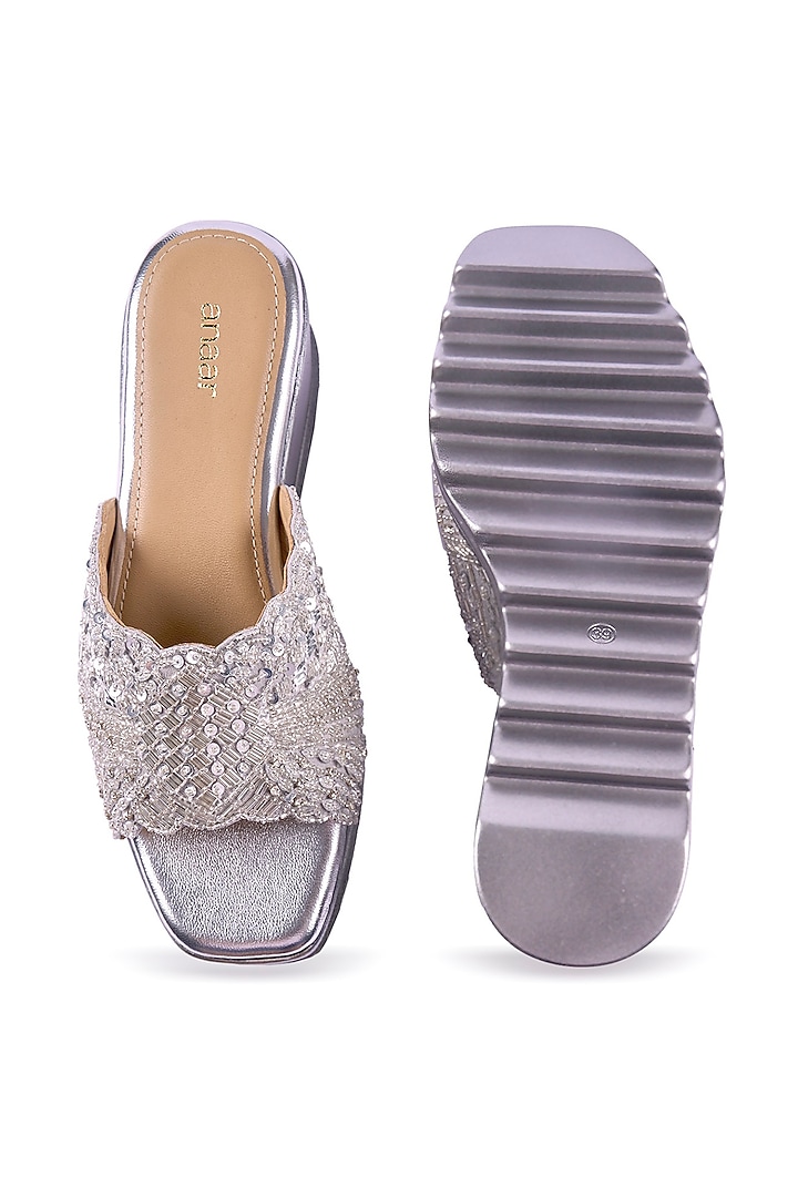 Silver Suede Textured Sequins Hand Embroidered Wedges by Anaar at Pernia's Pop Up Shop