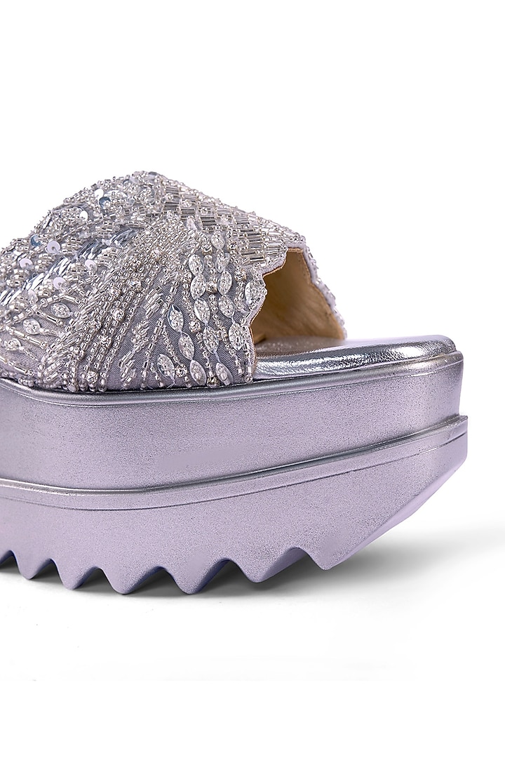 Silver Suede Textured Sequins Hand Embroidered Wedges by Anaar at Pernia's Pop Up Shop