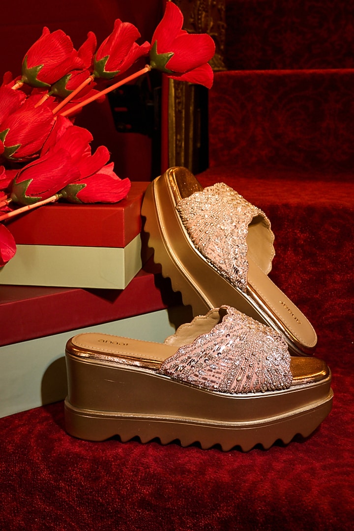 Pink Satin Cutdana & Sequins Hand Embroidered Wedges by Anaar at Pernia's Pop Up Shop