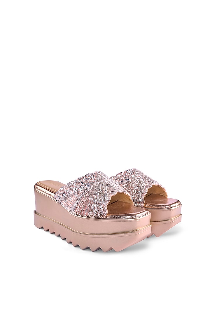 Pink Satin Cutdana & Sequins Hand Embroidered Wedges by Anaar at Pernia's Pop Up Shop