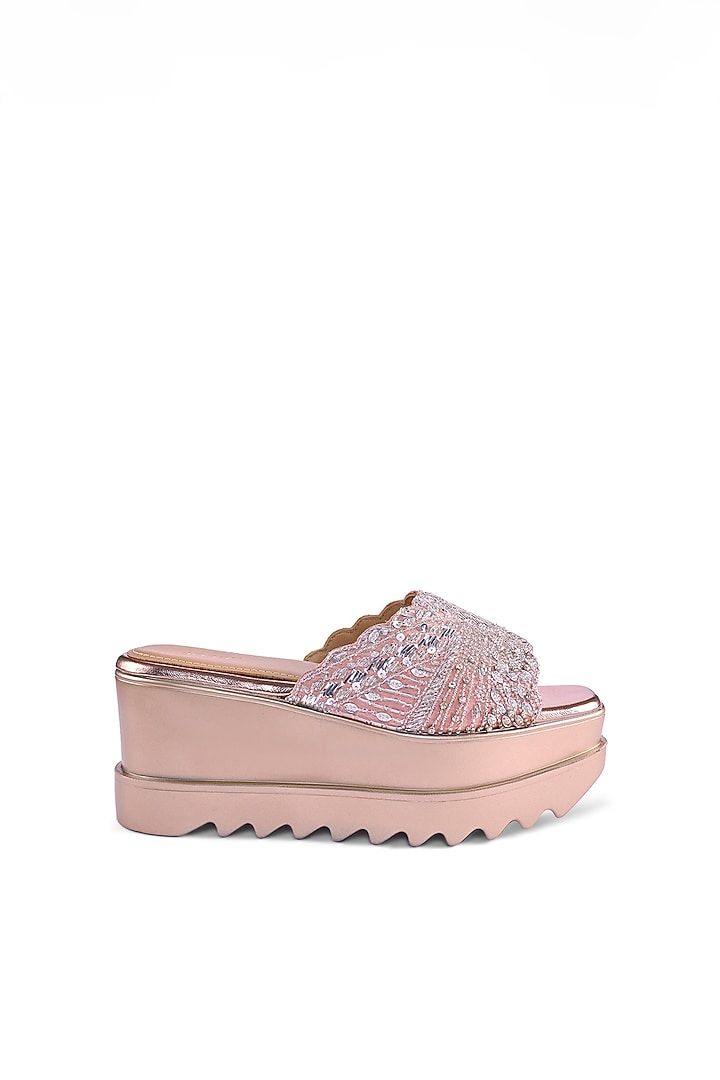 Pink Satin Cutdana & Sequins Hand Embroidered Wedges by Anaar at Pernia's Pop Up Shop
