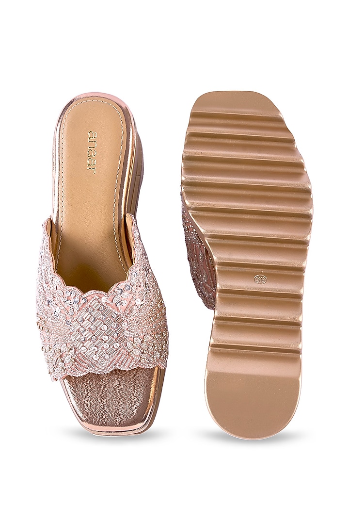 Pink Satin Cutdana & Sequins Hand Embroidered Wedges by Anaar at Pernia's Pop Up Shop