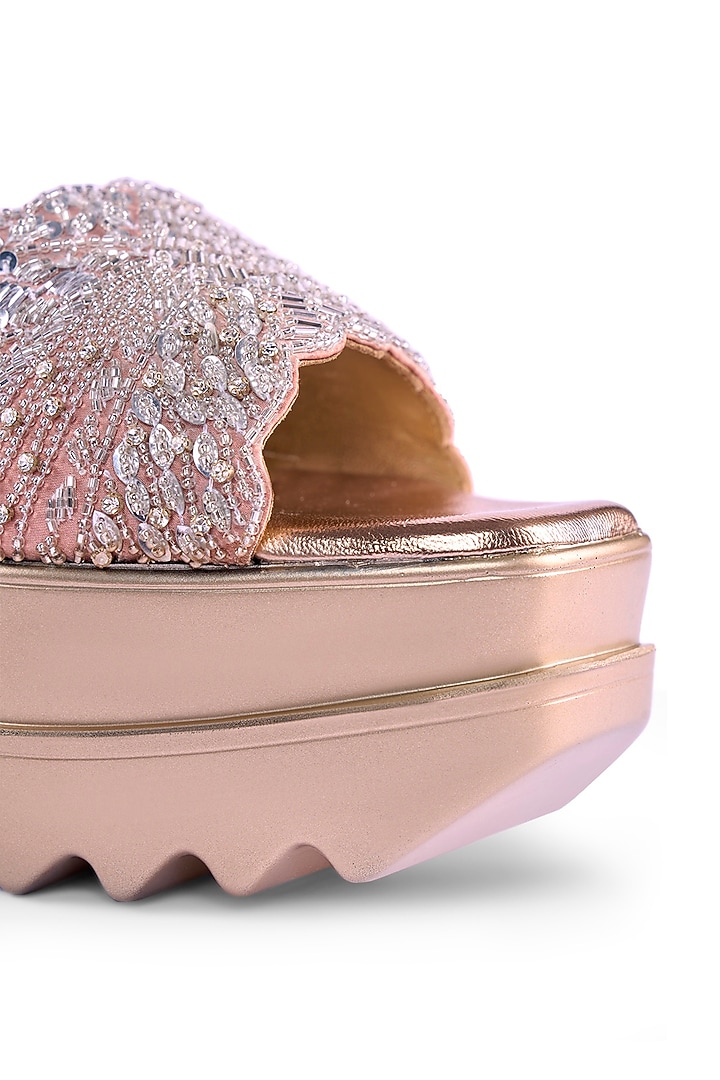 Pink Satin Cutdana & Sequins Hand Embroidered Wedges by Anaar at Pernia's Pop Up Shop