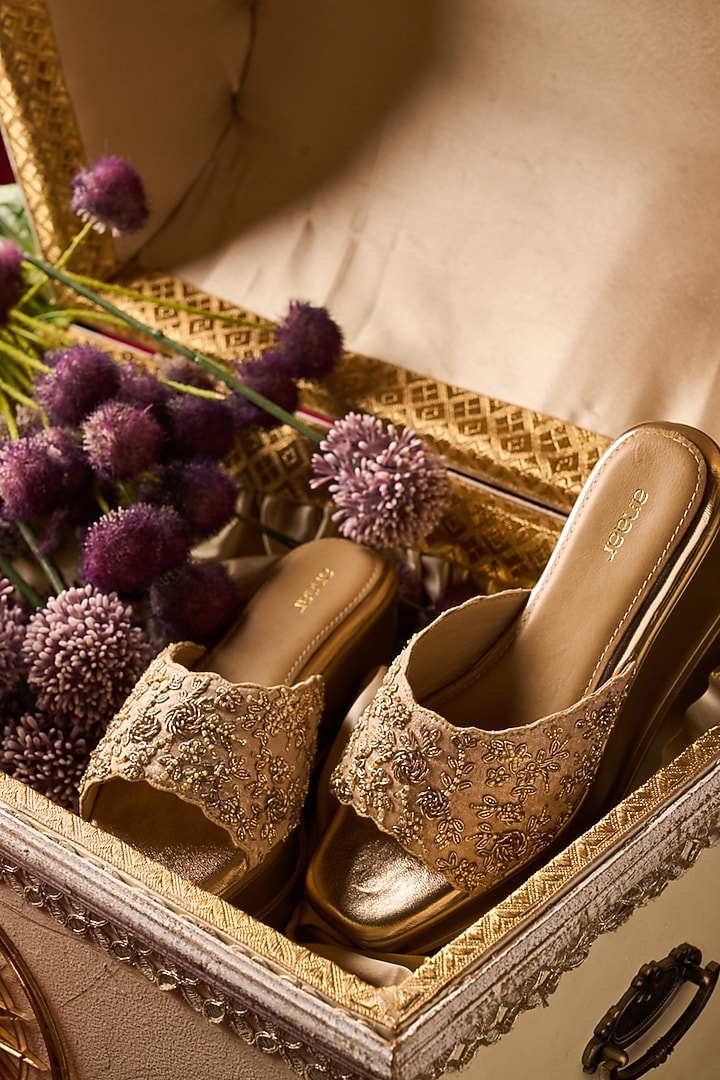 Gold Satin Zardosi & Bead Hand Embroidered Wedges by Anaar at Pernia's Pop Up Shop