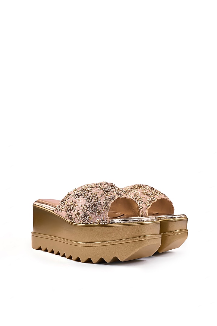 Gold Satin Zardosi & Bead Hand Embroidered Wedges by Anaar at Pernia's Pop Up Shop