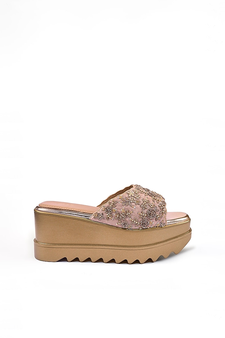 Gold Satin Zardosi & Bead Hand Embroidered Wedges by Anaar at Pernia's Pop Up Shop