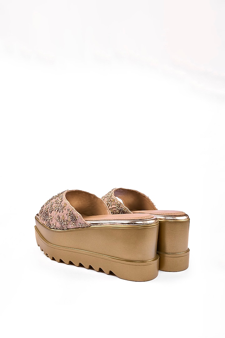 Gold Satin Zardosi & Bead Hand Embroidered Wedges by Anaar at Pernia's Pop Up Shop