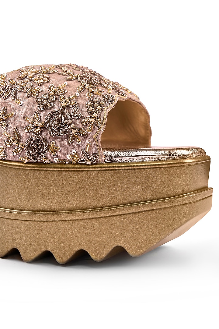 Gold Satin Zardosi & Bead Hand Embroidered Wedges by Anaar at Pernia's Pop Up Shop