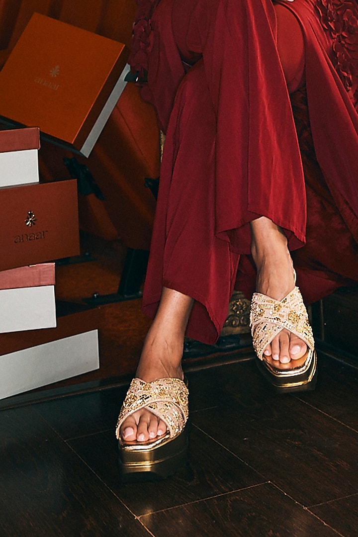 Gold Satin Zardosi & Cutdana Hand Embroidered Wedges by Anaar at Pernia's Pop Up Shop