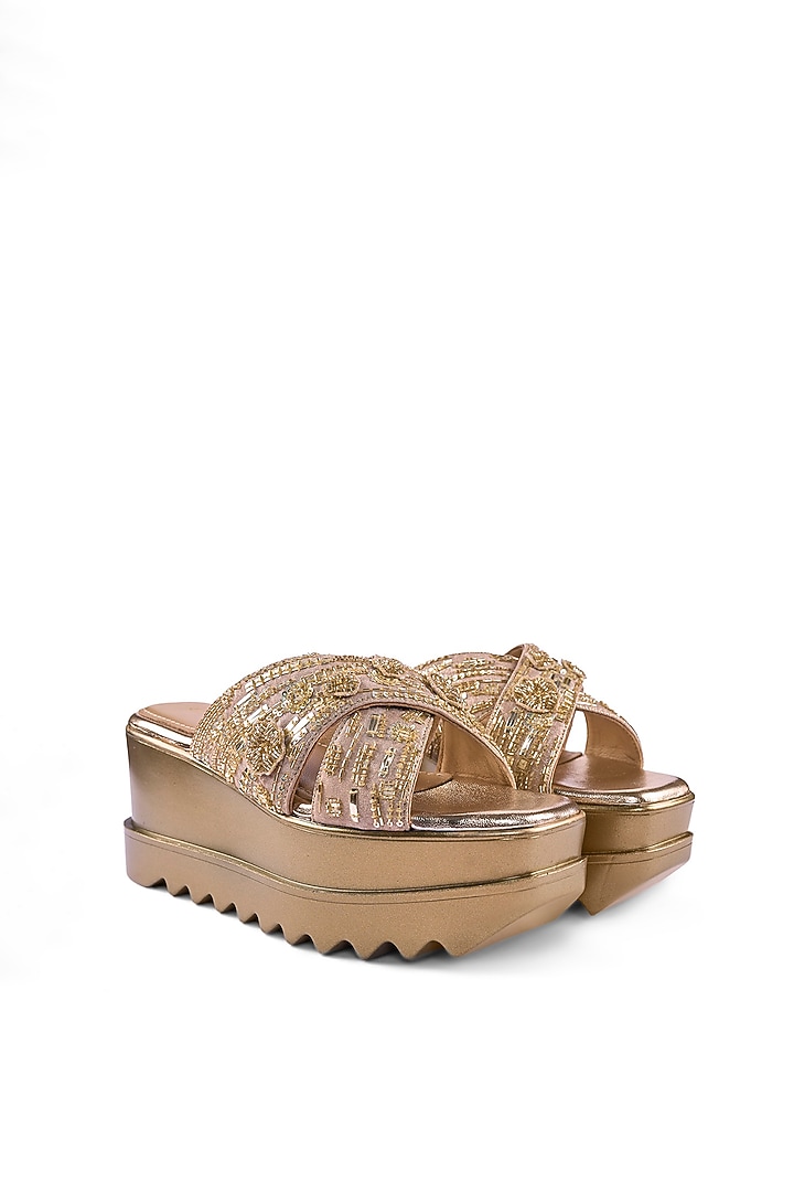 Gold Satin Zardosi & Cutdana Hand Embroidered Wedges by Anaar at Pernia's Pop Up Shop