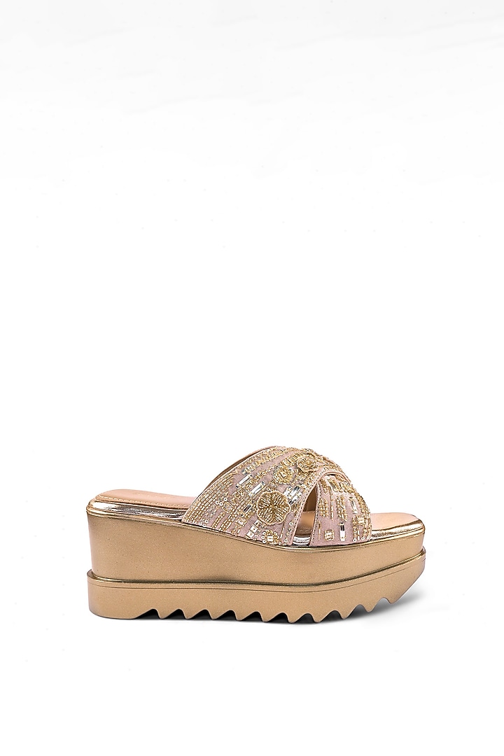 Gold Satin Zardosi & Cutdana Hand Embroidered Wedges by Anaar at Pernia's Pop Up Shop