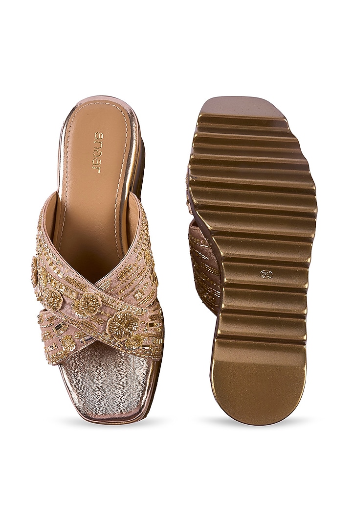 Gold Satin Zardosi & Cutdana Hand Embroidered Wedges by Anaar at Pernia's Pop Up Shop