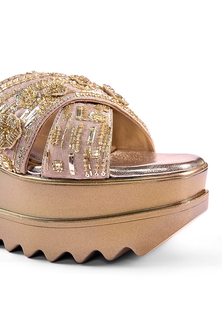 Gold Satin Zardosi & Cutdana Hand Embroidered Wedges by Anaar at Pernia's Pop Up Shop