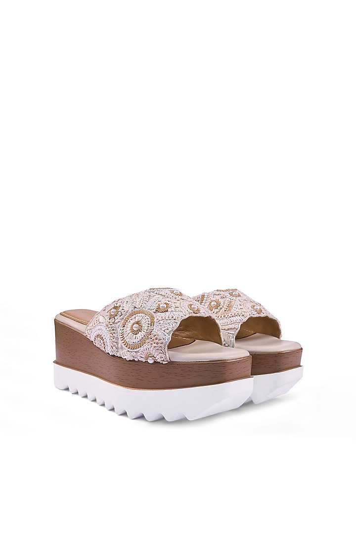 Off-White Satin Thread & Bead Hand Embroidered Wedges by Anaar at Pernia's Pop Up Shop