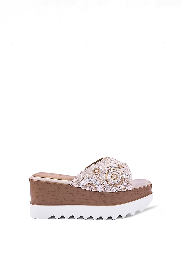 Off-White Satin Thread & Bead Hand Embroidered Wedges by Anaar at Pernia's Pop Up Shop