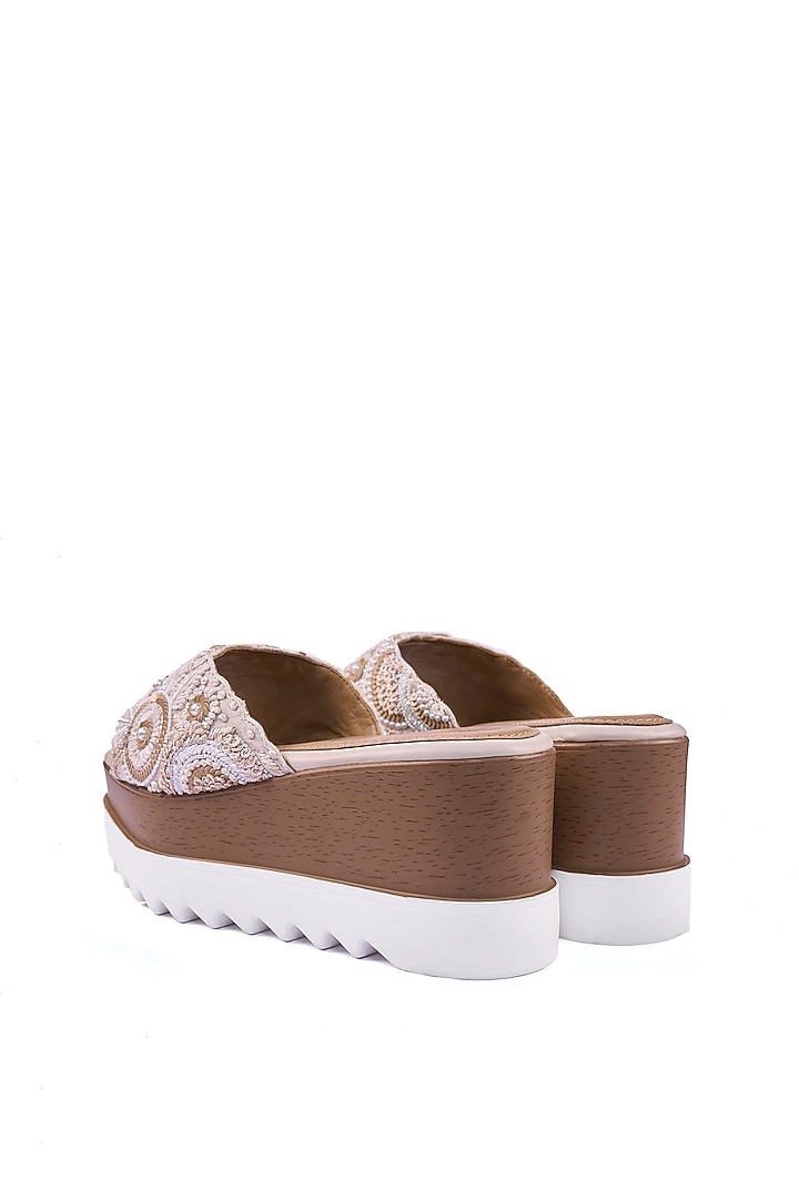 Off-White Satin Thread & Bead Hand Embroidered Wedges by Anaar at Pernia's Pop Up Shop