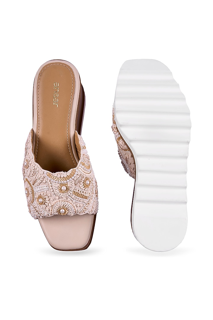 Off-White Satin Thread & Bead Hand Embroidered Wedges by Anaar at Pernia's Pop Up Shop