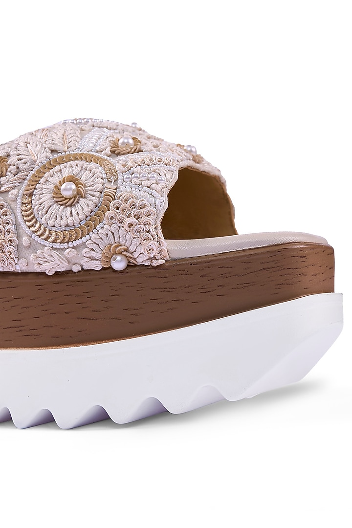 Off-White Satin Thread & Bead Hand Embroidered Wedges by Anaar at Pernia's Pop Up Shop
