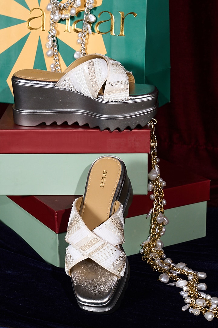 Off-White Satin Sequins & Cutdana Hand Embroidered Wedges by Anaar at Pernia's Pop Up Shop