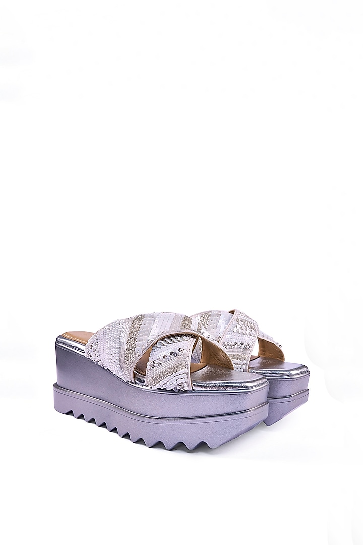 Off-White Satin Sequins & Cutdana Hand Embroidered Wedges by Anaar at Pernia's Pop Up Shop