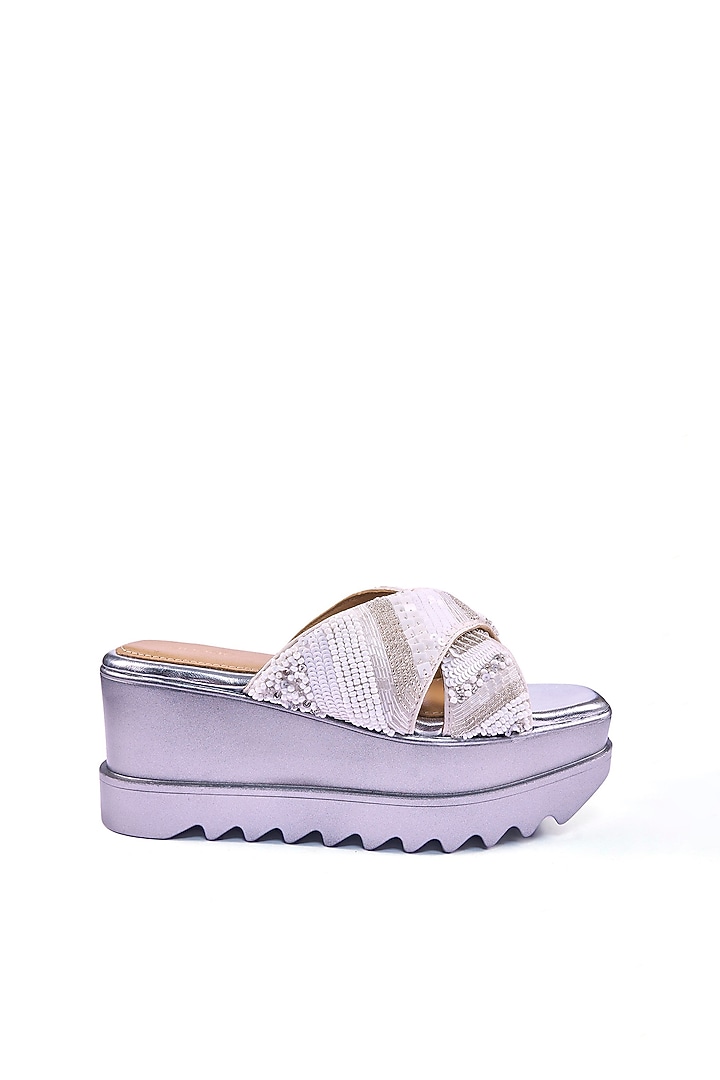 Off-White Satin Sequins & Cutdana Hand Embroidered Wedges by Anaar at Pernia's Pop Up Shop