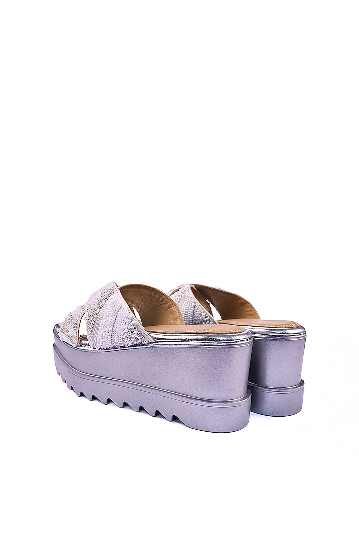 Off-White Satin Sequins & Cutdana Hand Embroidered Wedges by Anaar at Pernia's Pop Up Shop