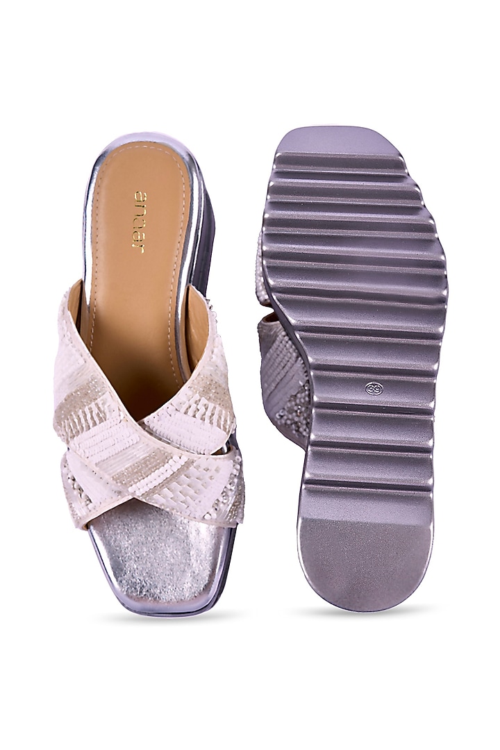 Off-White Satin Sequins & Cutdana Hand Embroidered Wedges by Anaar at Pernia's Pop Up Shop