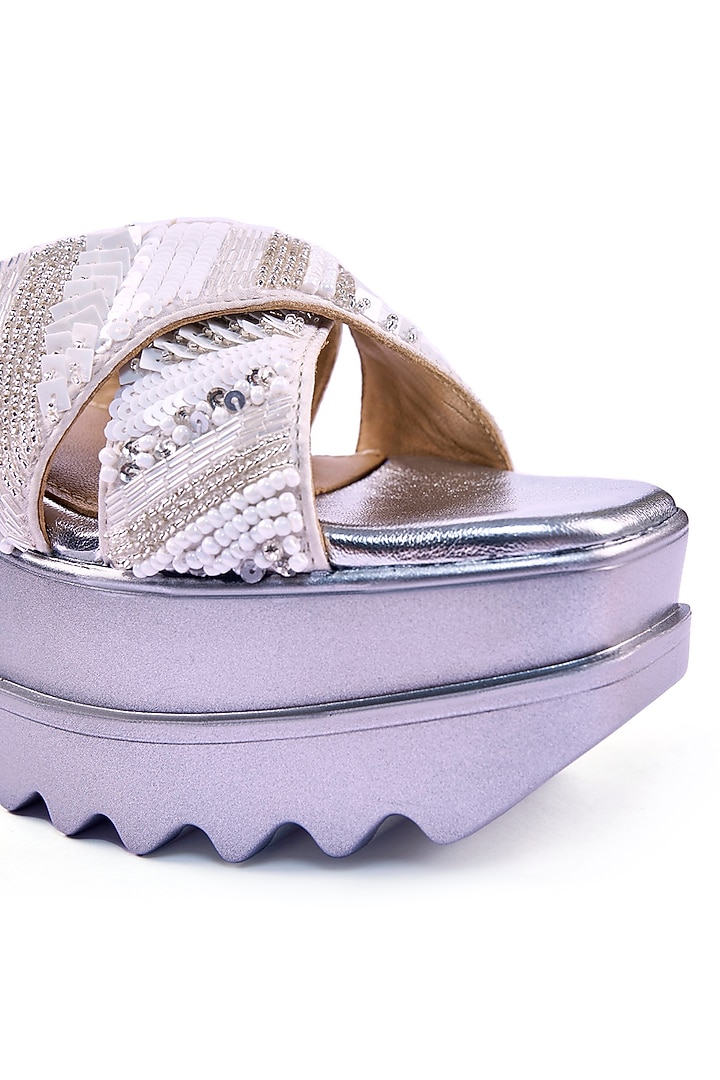 Off-White Satin Sequins & Cutdana Hand Embroidered Wedges by Anaar at Pernia's Pop Up Shop