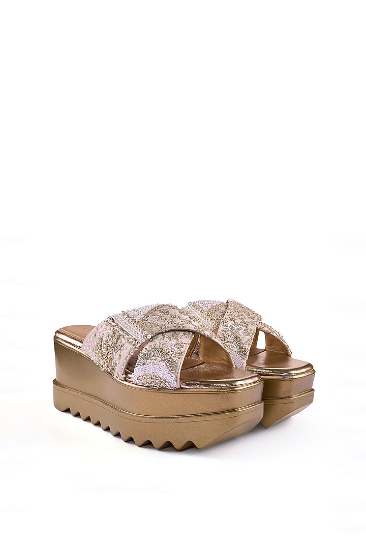 Off-White Satin Sequins & Zari Hand Embroidered Wedges by Anaar at Pernia's Pop Up Shop