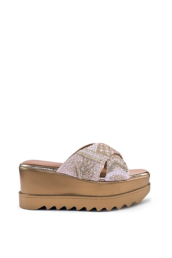 Off-White Satin Sequins & Zari Hand Embroidered Wedges by Anaar at Pernia's Pop Up Shop