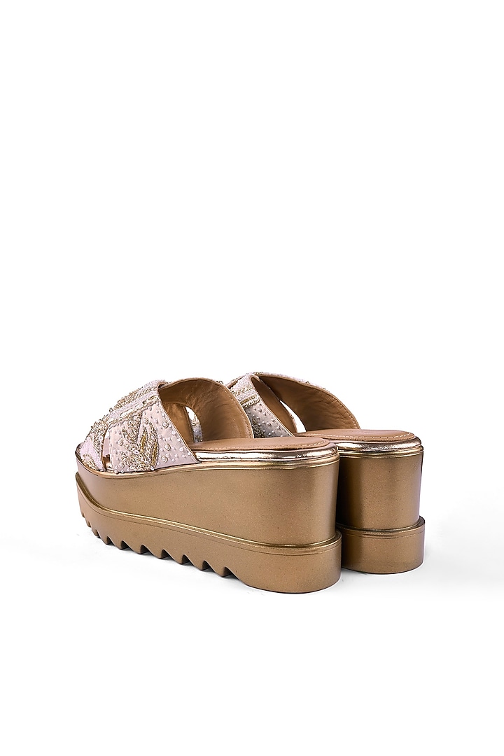 Off-White Satin Sequins & Zari Hand Embroidered Wedges by Anaar at Pernia's Pop Up Shop