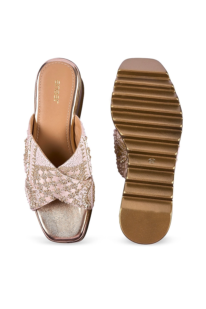Off-White Satin Sequins & Zari Hand Embroidered Wedges by Anaar at Pernia's Pop Up Shop