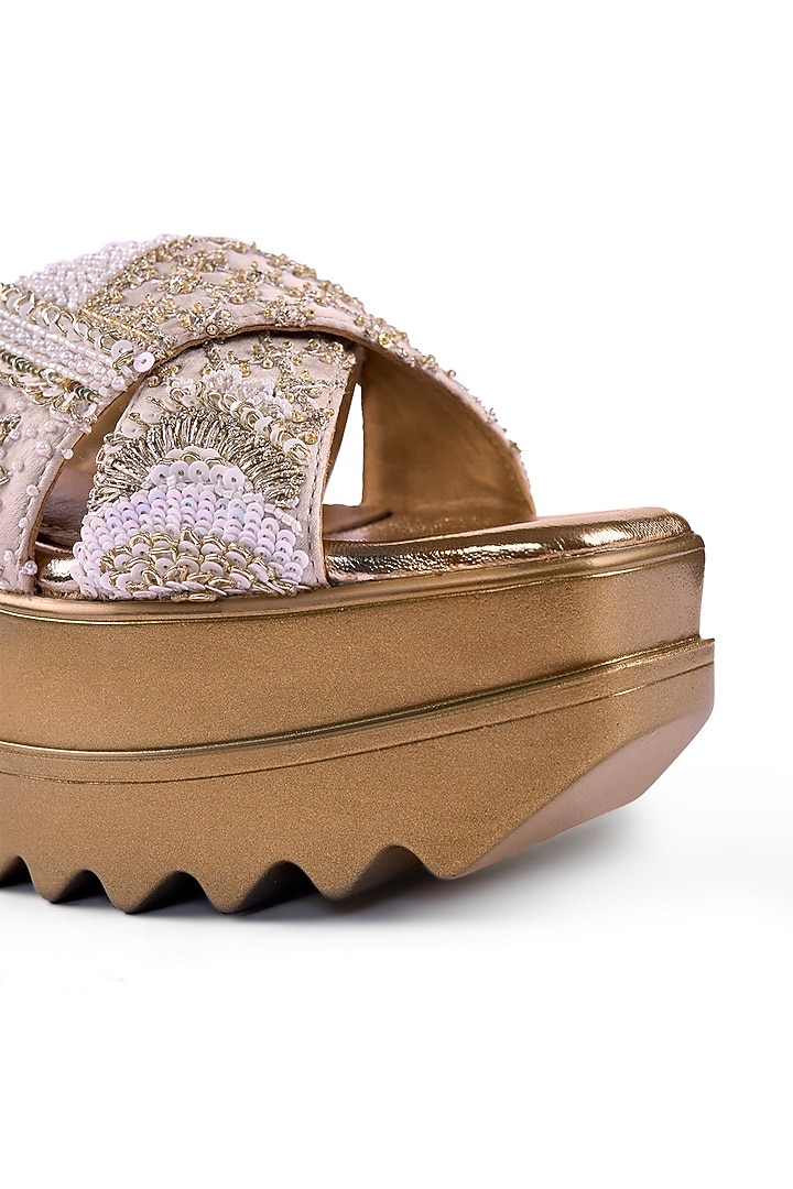 Off-White Satin Sequins & Zari Hand Embroidered Wedges by Anaar at Pernia's Pop Up Shop