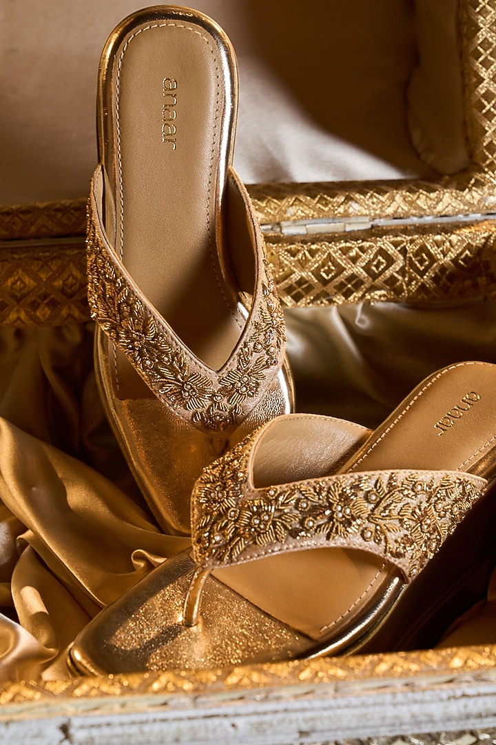 Gold Satin Zardosi Hand Embroidered Wedges by Anaar at Pernia's Pop Up Shop
