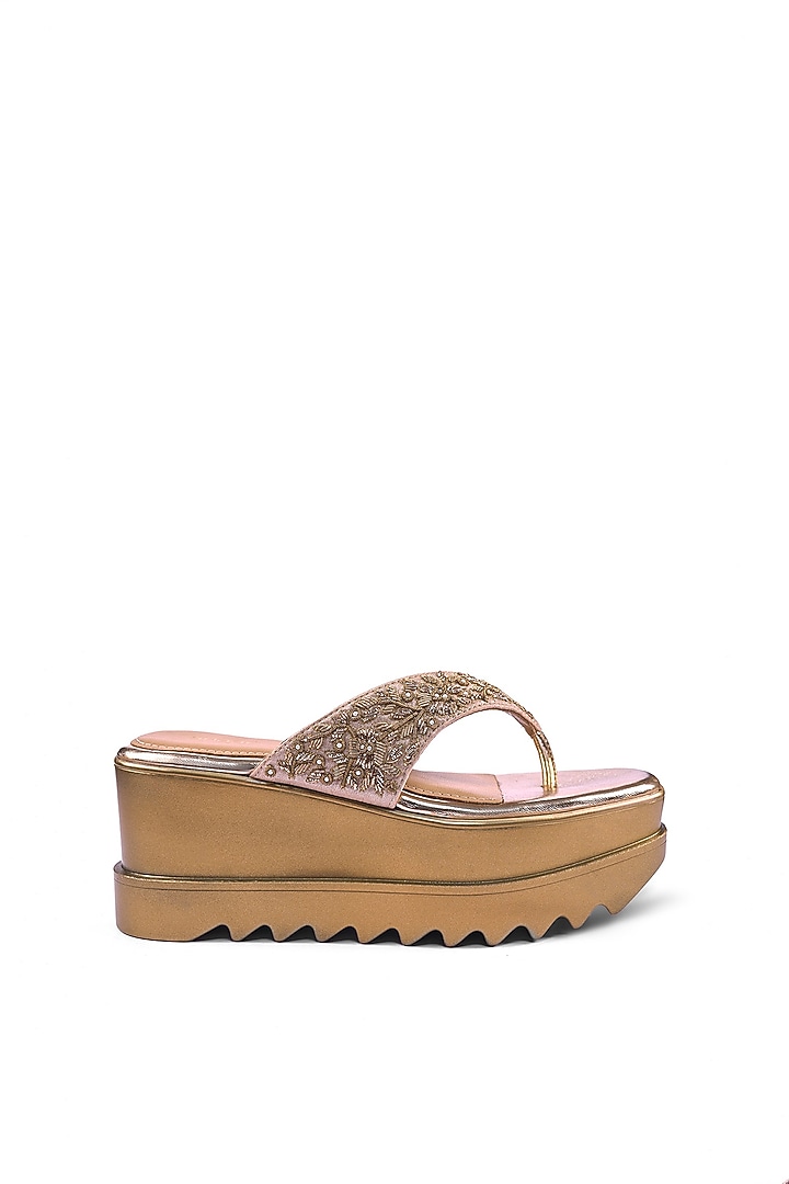 Gold Satin Zardosi Hand Embroidered Wedges by Anaar at Pernia's Pop Up Shop