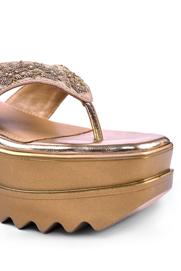 Gold Satin Zardosi Hand Embroidered Wedges by Anaar at Pernia's Pop Up Shop