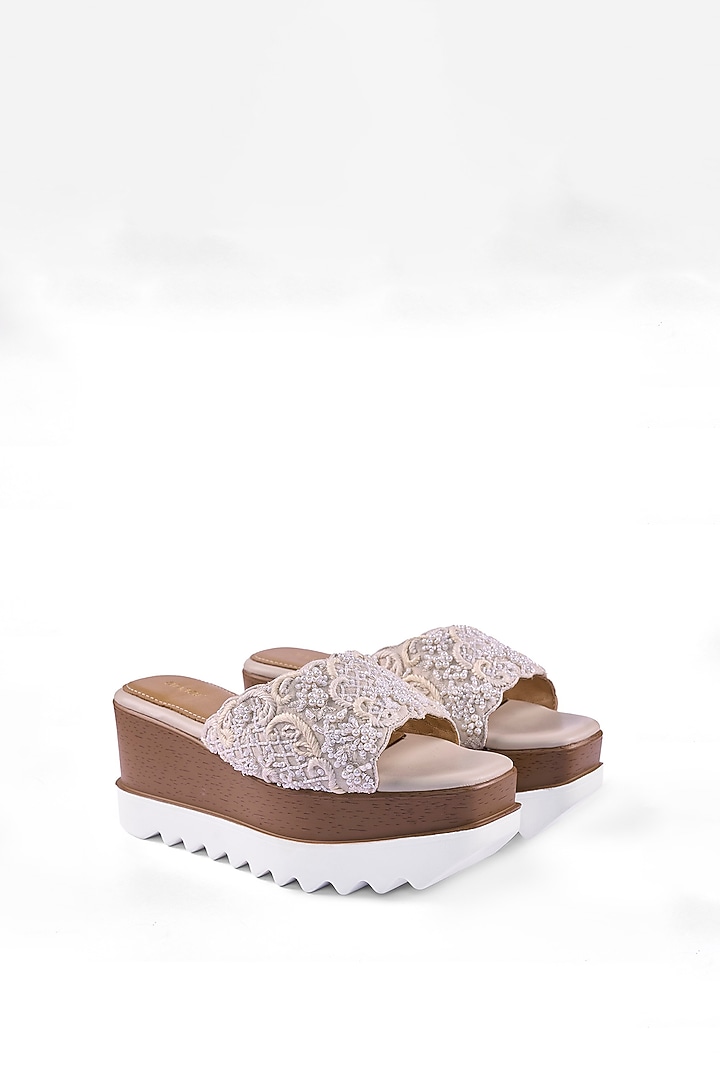Off-White Satin Cutdana & Sequins Hand Embroidered Wedges by Anaar at Pernia's Pop Up Shop