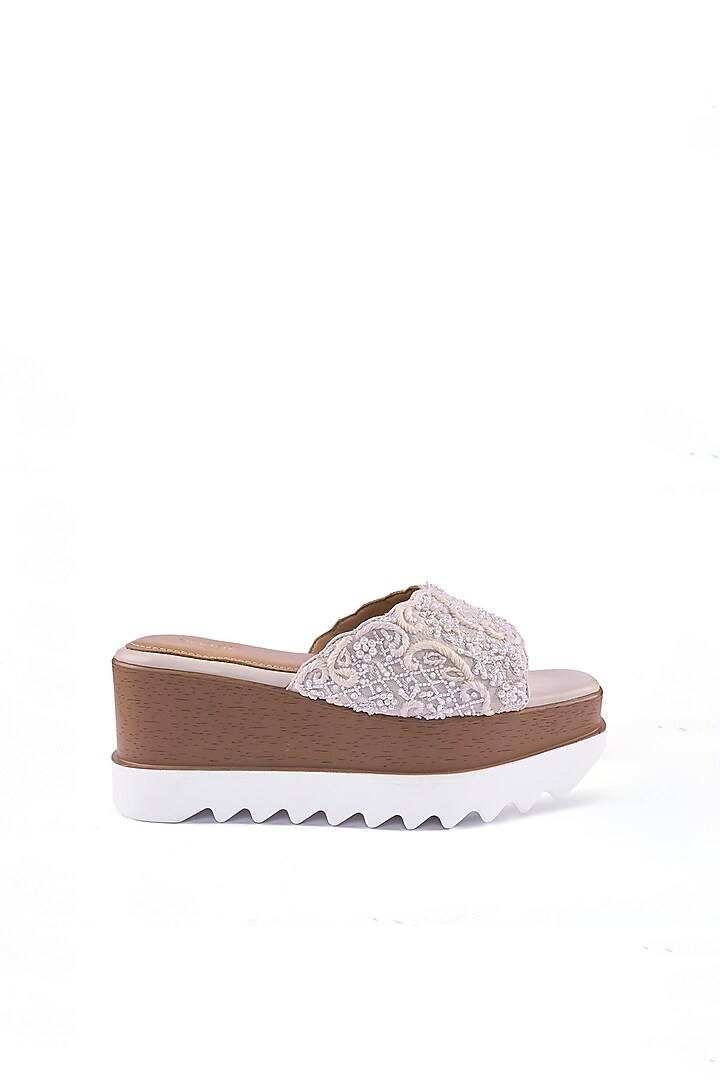 Off-White Satin Cutdana & Sequins Hand Embroidered Wedges by Anaar at Pernia's Pop Up Shop