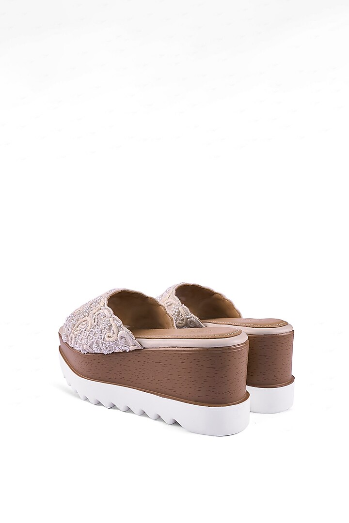 Off-White Satin Cutdana & Sequins Hand Embroidered Wedges by Anaar at Pernia's Pop Up Shop
