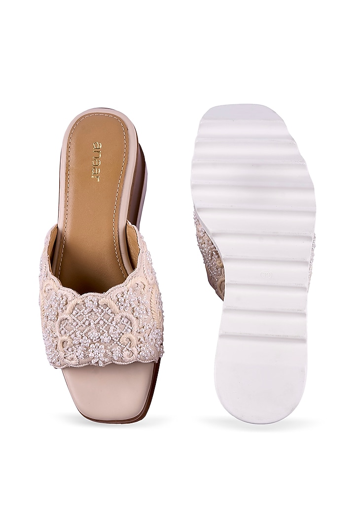 Off-White Satin Cutdana & Sequins Hand Embroidered Wedges by Anaar at Pernia's Pop Up Shop
