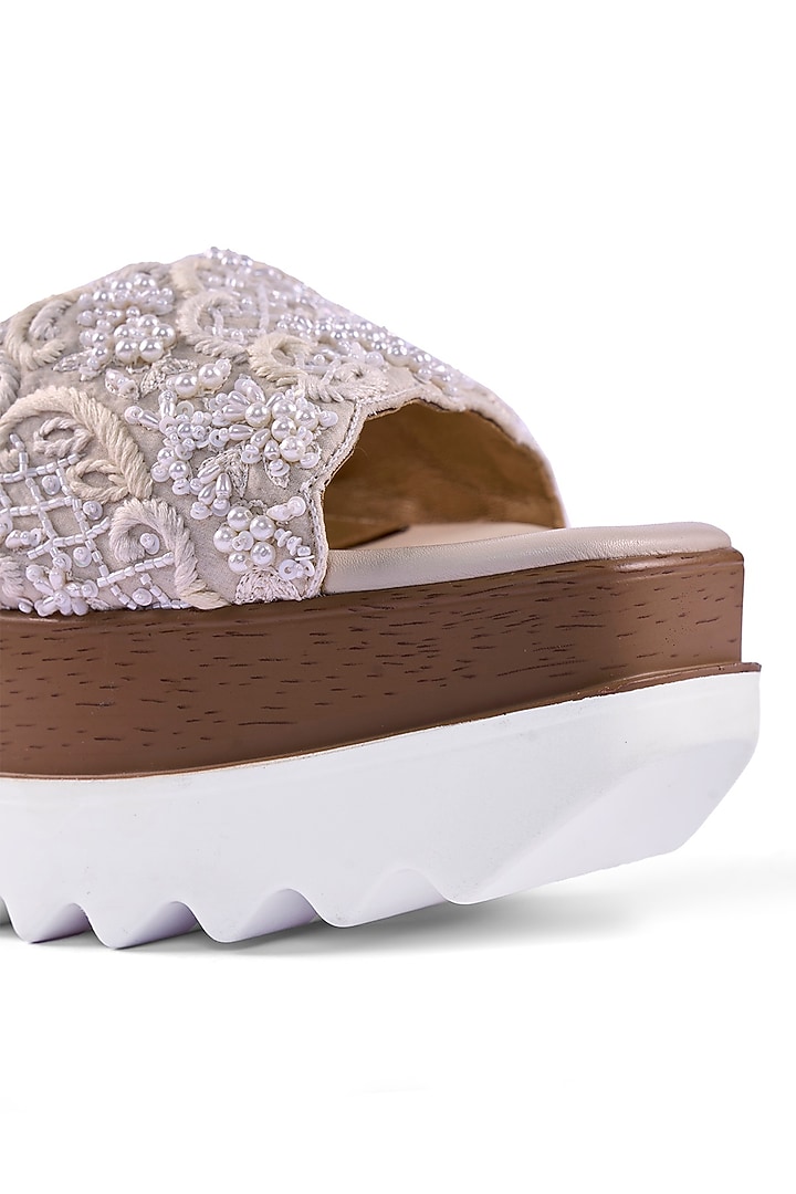 Off-White Satin Cutdana & Sequins Hand Embroidered Wedges by Anaar at Pernia's Pop Up Shop