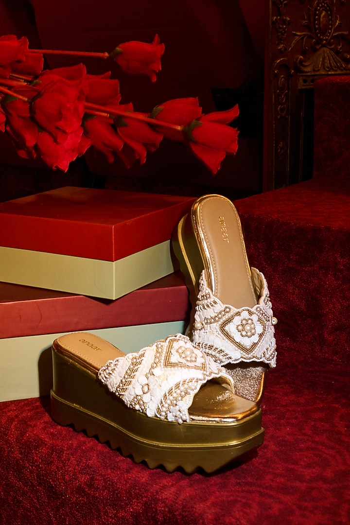 Gold Satin Cutdana & Sequins Hand Embroidered Wedges by Anaar at Pernia's Pop Up Shop
