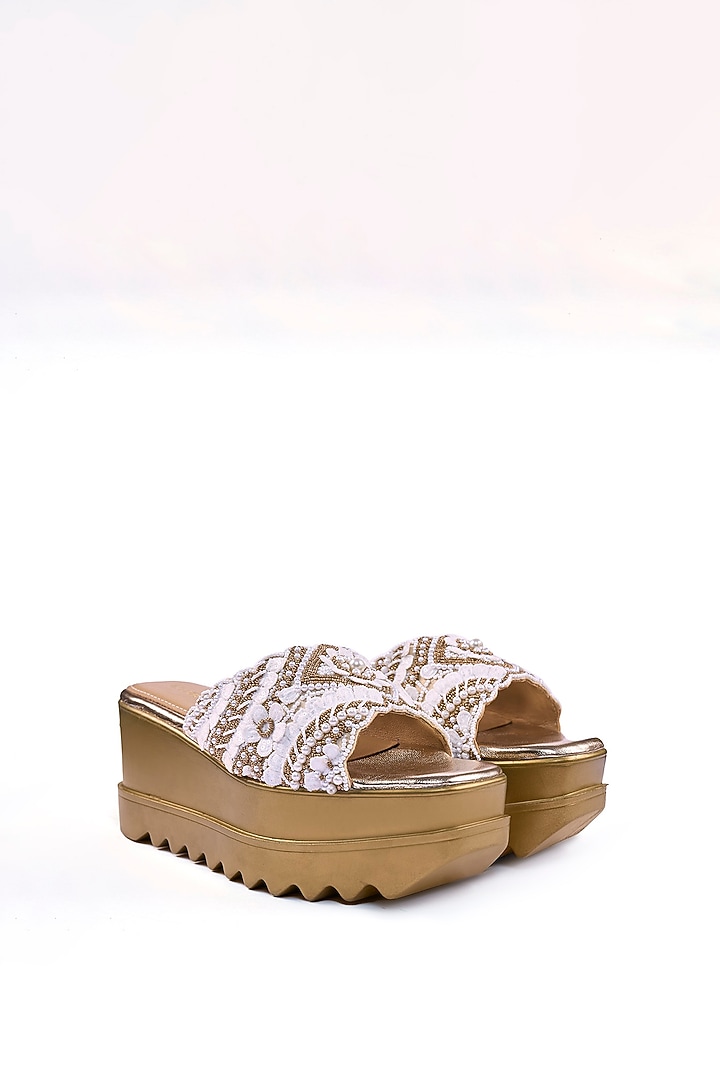 Gold Satin Cutdana & Sequins Hand Embroidered Wedges by Anaar at Pernia's Pop Up Shop
