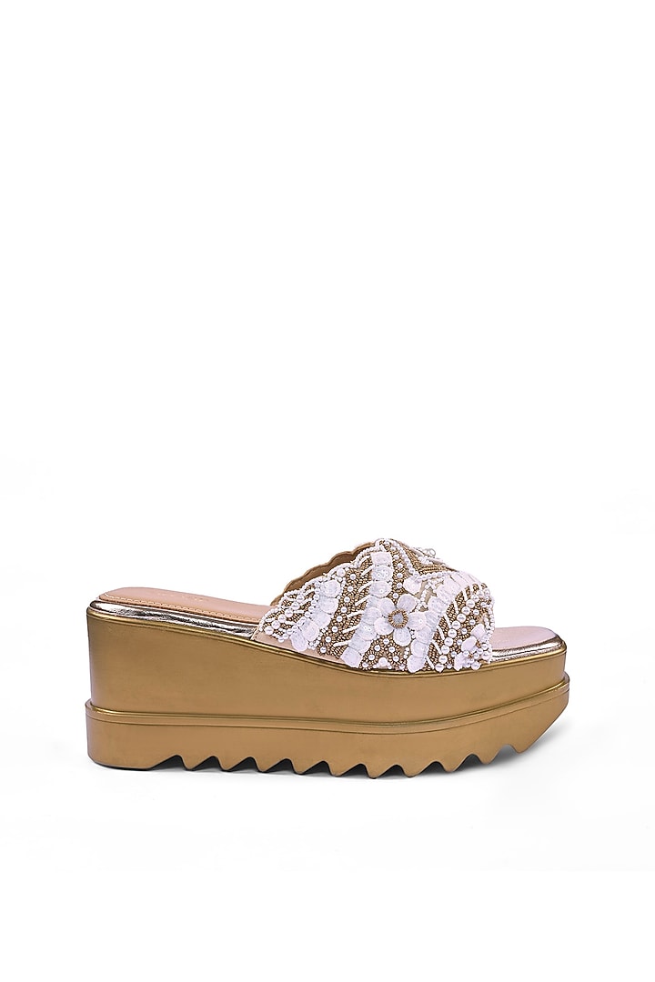 Gold Satin Cutdana & Sequins Hand Embroidered Wedges by Anaar at Pernia's Pop Up Shop