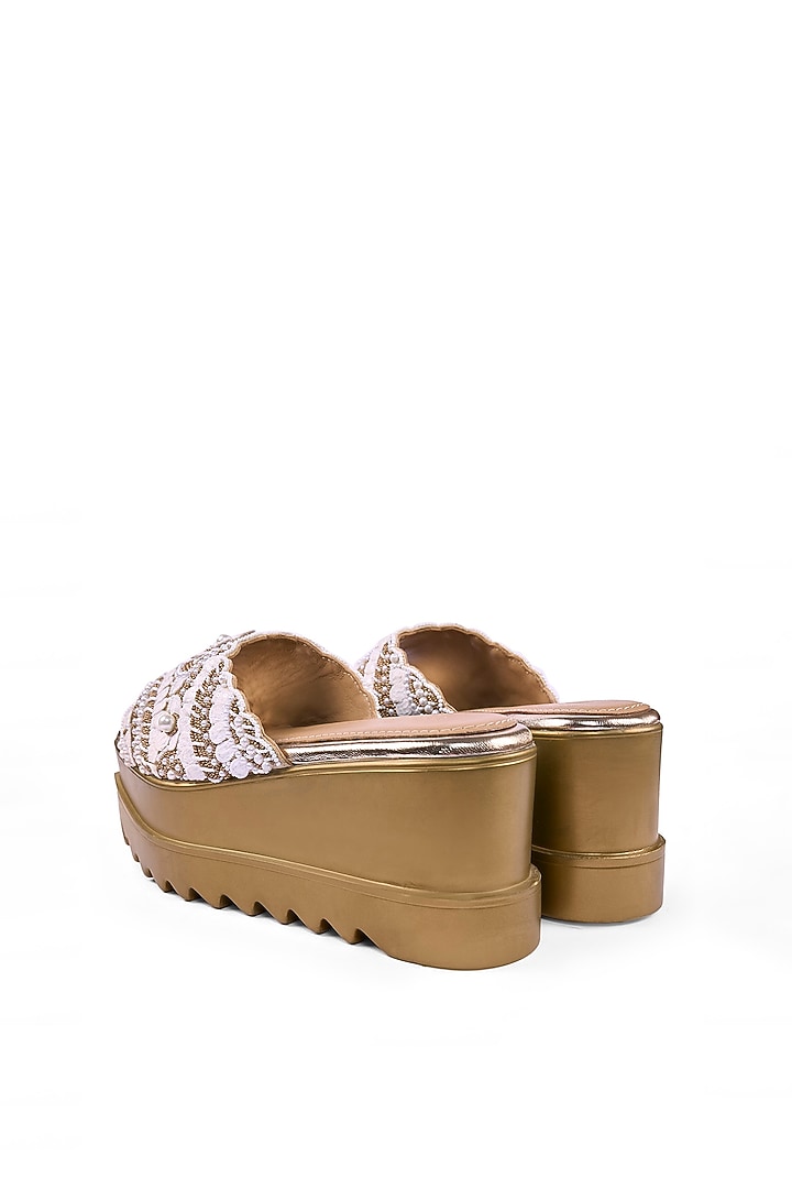 Gold Satin Cutdana & Sequins Hand Embroidered Wedges by Anaar at Pernia's Pop Up Shop