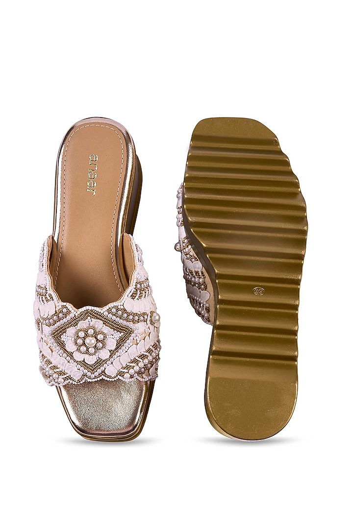 Gold Satin Cutdana & Sequins Hand Embroidered Wedges by Anaar at Pernia's Pop Up Shop