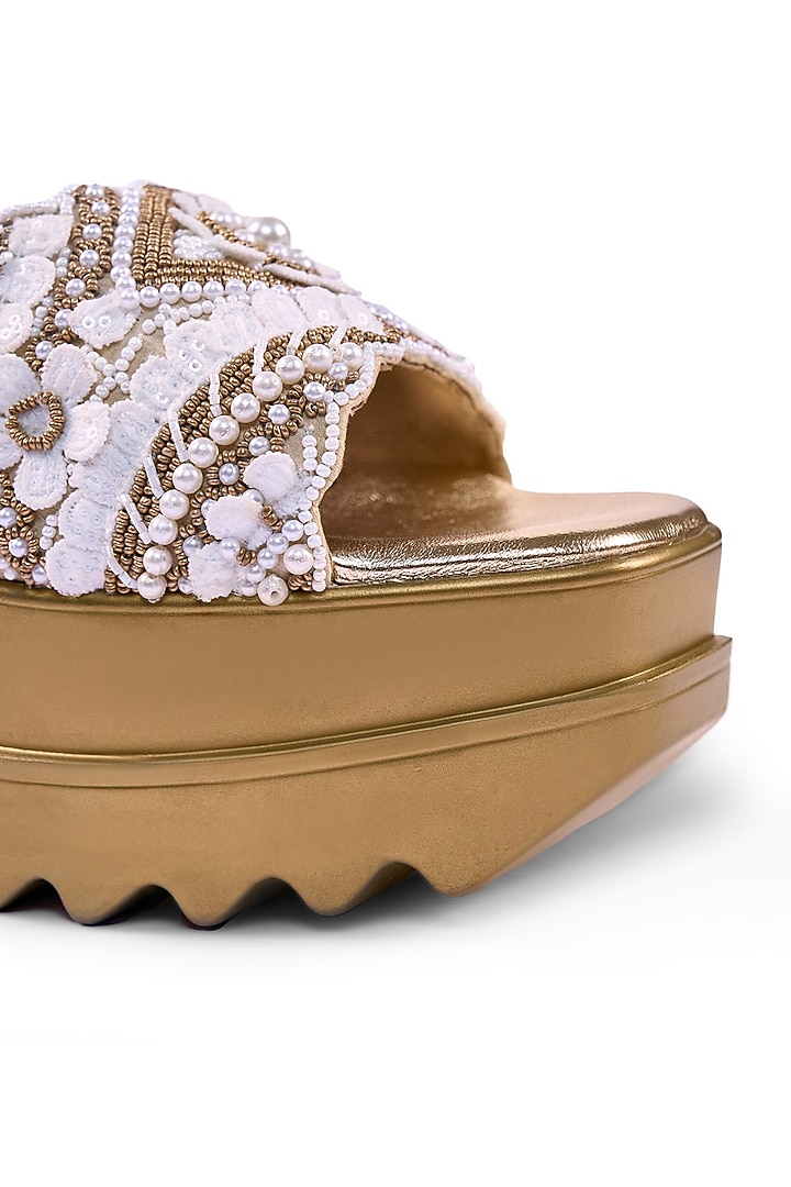 Gold Satin Cutdana & Sequins Hand Embroidered Wedges by Anaar at Pernia's Pop Up Shop