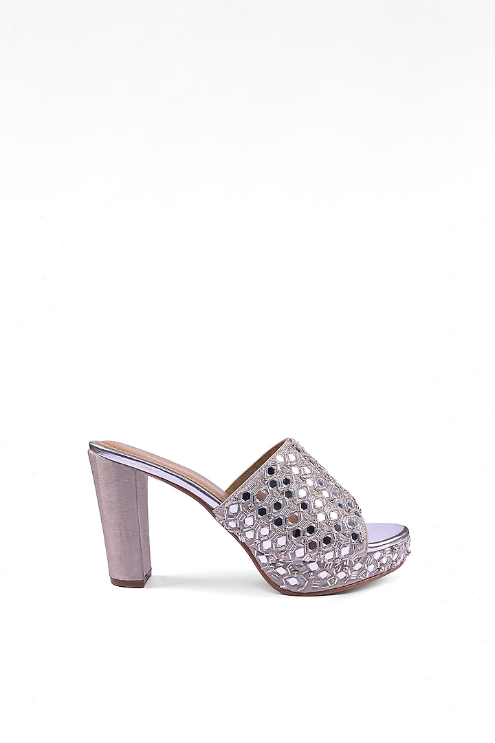 Silver Satin Mirror & Zari Hand Embroidered Platform Heels by Anaar at Pernia's Pop Up Shop