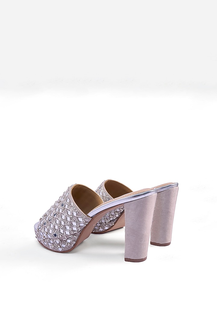 Silver Satin Mirror & Zari Hand Embroidered Platform Heels by Anaar at Pernia's Pop Up Shop