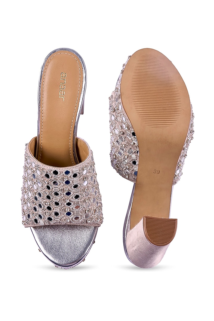 Silver Satin Mirror & Zari Hand Embroidered Platform Heels by Anaar at Pernia's Pop Up Shop
